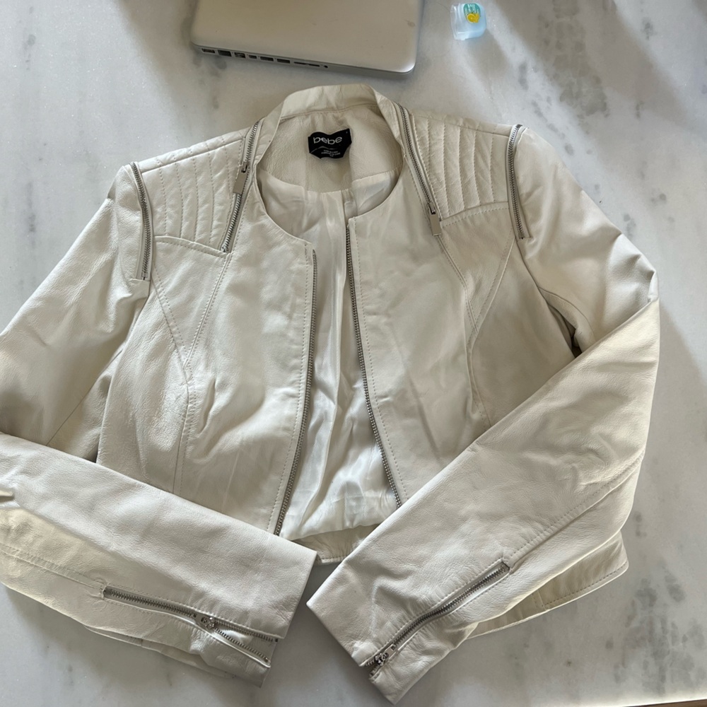 Bebe Off-White Leather Moto Jacket